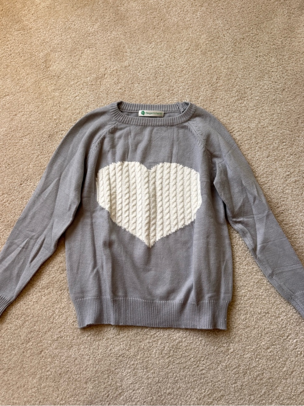 Boden Gray Crewneck Sweater with Cream Heart Appliqué